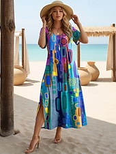 זול אומנות ועיצוב שמלות-בגדי ריקוד נשים שמלת מידי שמלת קיץ שמלה עם כיווץ במותן חופשה יום יומי בוהו פרפר חופשה ליציאה רגיל פרחוני גראפי קשת שרוולים קצרים צווארון צווארון פול אדום כתום סגול בהיר סגול קיץ