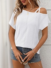 economico T-shirt semplice-Per donna Maglietta Semplice Moda Elegante Classico Manica Corta Senza Spalle Top Regolari Quotidiano Uscire Weekend Blu Nero Bianco Rosa Albicocca Estate Primavera