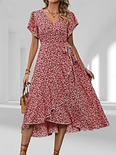 זול שמלות פרחוניות יומיומיות-בגדי ריקוד נשים שמלת מידי שמלת קז'ואל שמלת מעטפת שמלה פרחונית אלגנטית אופנתי מודרני בָּחוּץ חופשה ליציאה רגיל פרחוני שרוולים קצרים צווארון V שחור צהוב ורוד מסמיק אודם קיץ אביב