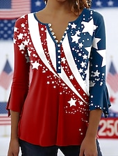  Blusa Patriótica de Día de la Independencia para Mujer Gráfica de Bandera Elegante Estilo Manga de 3/4 Cuello Redondo Tops Regulares Ropa Diaria Salida Volantes Botones Azul Rojo Verano Primavera
