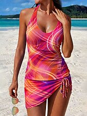 baratos Tankinis-Mulheres Roupa de Banho Tankini Saia roupa de banho Com Cordão Elegante Férias Gráfico Geométrico Decote V Sem Manga Fatos de banho