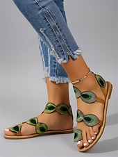 abordables Femmes-Sandales plates bohèmes brodées de paon pour femmes - sandales gladiateur artistiques à entre-doigts avec bride cheville, chaussures de plage d'été confortables pour les vacances tropicales et les