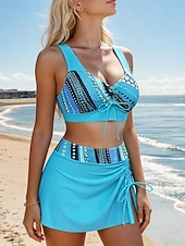 baratos Tankinis-Mulheres Roupa de Banho Tankini 2 partes Cavado roupa de banho Elegante Férias Gráfico Geométrico Decote V Sem Manga Fatos de banho