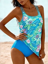 Χαμηλού Κόστους Τανκίνι-Γυναικεία Μαγιό τανκίνι 2 κομμάτι Προκλητικό Μαγιό Έλεγχος κοιλιάς Ψηλή Μέση Λεπτό Διακοπές Ρούχα παραλίας Γραφική Τροπικό Λαιμόκοψη U Αμάνικο Μαγιό