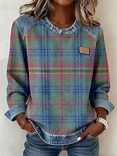 voordelige Strepen en Geometrische Hoodies-Dames Blouse Lapwerk Ruitjes Kleurenblok Elegant Vintage Stijlvol Lange mouw Strakke ronde hals Normale tops Dagelijks Feestdagen Uitgaan blauw Zwart Groen Rood / blauw Rose Roze Lente Herfst Winter