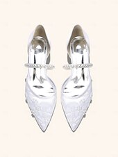 olcso Nők-női elefántcsont csipke gyöngypántos alacsony sarkú menyasszonyi cipők, elegáns kényelmes lapos talpú cipők menyasszonynak, kültéri kerti esküvőre