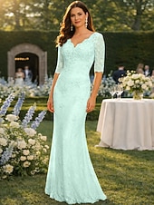 abordables Longueur du plancher-Sirène Trompette Longueur au sol Robe d'invité de mariage Robe de Cérémonie Robe de soirée Robe de Mère de Mariée  Demi Manches Col en V Grande taille Sexy robe demoiselle d honneur Chiffon Dentelle