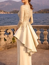 baratos Comprimento do chão-Tubinho Longo Vestido de convidada de casamento Vestido formal Vestido de noite Vestido Para Mãe dos Noivos Manga Longa Scoop pescoço Elegante Festa Formal Convidado do casamento Renda Tecido Que