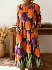 preiswerte Blumenkleid-Damen Midikleid Etui-Kleid T-Shirt-Kleid Urlaub Lässig Boho Ferien Date Normale Passform Blumen Grafik Langarm Rundhalsausschnitt Weiß Gelb Rosa Orange Sommer Frühling