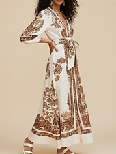 voordelige Vakantie Boho Jurk-Dames Maxi-jurk Casual jurk Bloemetjesjurk Elegant Modieus Modern Buiten Vakantie Uitgaan Normale pasvorm Bloemig Effen Lange mouw V-hals Wit Zomer Lente