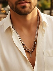 Недорогие Мужские украшения-Мужское ожерелье из сплава и бусин тигрового глаза, двухслойная цепочка с подвеской, повседневный стиль бохо, прочное и стильное, идеально подходит для отдыха, курортной одежды и повседневной носки.