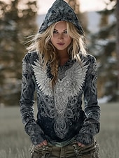 economico Top Viking-Per donna Felpa con cappuccio Grafico Geometrico Casual Manica Lunga Con Cappuccio Top Regolari Casuale Abbigliamento Quotidiano Sportivo Nero Primavera Autunno