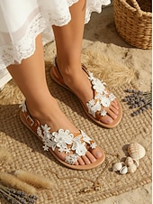 tanie Panna młoda-damskie białe koronkowe sandały ślubne z kwiatowym wzorem – ręcznie robione płaskie sandały ślubne na plażę i wesela w stylu boho