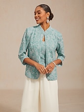  女性用 ドレッシーなトップス ツインセット ラインストーン フラワー エレガント クルーネック 結婚式のゲスト カクテルの服装 ライトブルー 夏 春 秋