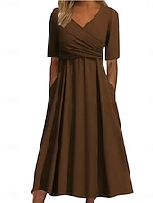 cheap Plain Dress-Women's Midi Dress Casual Dress Wrap Dress Elegant Fashion Modern Outdoor Vacation Going out Regular Fit Plain Short Sleeve V Neck Blue Black Red Brown Summer Spring