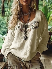 cheap Boho Tops-Women's Shirt Boho Shirt Blouse Print Graphic Bohemia Stylish Classic Long Sleeve V Neck Regular Tops Daily Holiday Going out Blue Black Light Green Wine Apricot Summer Spring Fall