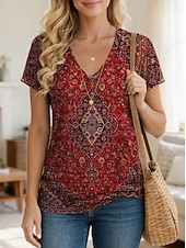 abordables T-shirt Boho-Mujer Camiseta Estampado Graphic Geométrico Cachemir Vintage Elegante Clásico Manga Corta Escote en Pico Tops largos Diario Rojo Rosa Brillante Verano Primavera