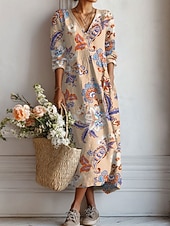 cheap Boho Dress-Women's Maxi Dress Linen Like Breathable Lightweight Sundress A Line Dress Vacation Casual Boho Holiday Regular Fit Floral Graphic Color Block Long Sleeve V Neck Yellow Pink Green Beige Summer Spring
