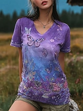 tanie koszulka w kwiaty-Damskie Podkoszulek Nadruk Kwiaty Graficzny Zabytkowe Elegancki Klasyczny Krótki rękaw W serek Długie topy Codzienny Fioletowy Fiołkowy Lato Wiosna