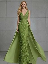 baratos Vestidos de baile-Sereia Longo Vestidos de noite Vestido de baile com sobressaia Vestido formal Elegante Sem Manga Decote V Casamento Formal Cetim Renda Sem parte Traseira com Bordado Apliques