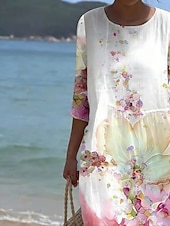 ieftine Rochii florale-Pentru femei Rochii Midi Rochii Tip Cămașă Rochie de plaja Rochie casual Modă Clasic Modern Zilnic În aer liber Vacanță Fit regulat Floral Lungime Manșon 3/4 Stil Nautic Roz Îmbujorat Vară Primăvară