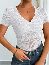 economico Top in Pizzo-Per donna Blusa Top in pizzo Floreale Semplice Elegante Sexy Classico Manica Corta Scollo a V Top Regolari Quotidiano Ferie Uscire Nero Bianco Rosso Verde Estate Primavera