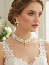 voordelige Huwelijk ACC-Dames parelbijen sieradenset - elegante meerlaagse chokerketting en oorbellen met goudkleurig insectenontwerp voor feesten, bruiloften en vintage mode-looks