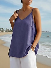abordables Camisas-Mujer Chaleco de lino y algodón Blusa Espalda al Aire Plano Activo Casual Sin Mangas Con Tirantes Tops regulares Diario Festivos Noche Negro Blanco Amarillo Morado Verde Trébol Verano Primavera