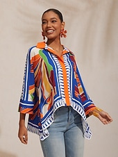 economico Bluse e camicie-camicia corta in raso con maniche a pipistrello e stampa geometrica a blocchi di colore per le vacanze