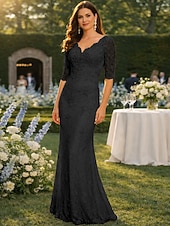 abordables Longueur du plancher-Sirène Trompette Longueur au sol Robe d'invité de mariage Robe de Cérémonie Robe de soirée Robe de Mère de Mariée  Demi Manches Col en V Grande taille Sexy robe demoiselle d honneur Chiffon Dentelle