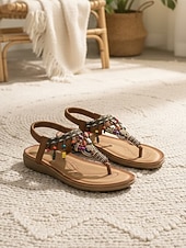 preiswerte Flache Sandalen-Braune Damen-Sandalen im Boho-Stil mit T-Riemen und bunten Perlenanhängern – Vintage-Ethno-Stil, bequeme flache Schuhe für Strandurlaube und Sommerresorts