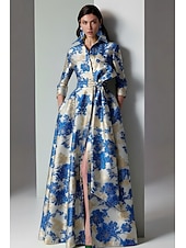 halpa A-linjaiset iltapuvut-A-linja Kokopitkä Iltapuku Tyylikäs Kimalteleva Silkkinen Pitkähihainen Paitapuserokaula-aukko Puutarhajuhlat Häät Tasku Jakardi kanssa Kukkapainatus Rusetti(rusetit) Halkio