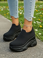 billiga Damsneakers-vita stickade slip-on-platåskor med kilklack för kvinnor – bekväma, grova athleisure-skor för dagliga promenader, ärenden och resor