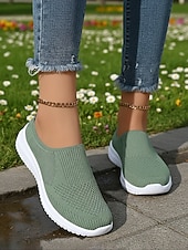 Недорогие Женские кроссовки-Женские дышащие вязаные прогулочные туфли без шнурков – легкие эластичные сетчатые мюли для путешествий, повседневной носки, покупок и прогулок на свежем воздухе.