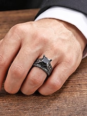 Χαμηλού Κόστους Γάμος ACC-Σετ ανδρικών δαχτυλιδιών με μαύρη πέτρα, κράμα αλουμινίου vintage γοτθικού στιλ με τετράγωνο κόσμημα, πολύχρωμες επιλογές για βέρες, αρραβώνες, πάρτι και καθημερινή casual ένδυση