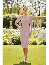cheap Tea Length-Sheath Column Knee Length Cocktail Dress Wedding Guest Dress Mother of the Bride Dress Half Sleeve Square Neck Elegant Formal Wedding Guest with Bow(s)