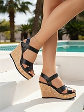 preiswerte Keilsandalen-Schwarze Keilsandalen mit Plateau aus Kork für Damen – bequeme, offene Riemchensandalen mit Absatz für den Sommer, ideal für Städtetrips, Sightseeing und Strandclubs. &amp;Aktivreisende