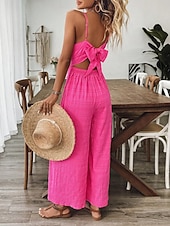 economico tuta da vacanza-Per donna Normale Tuta Attivo Tinta unica Senza Maniche Gamba larga Scollo a V Fiocco Senza schiena Quotidiano Vacanza Vestibilità regolare Fucsia Estate