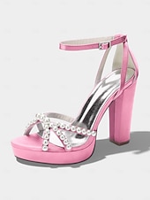 cheap Bride-Women's Ivory Platform Chunky Block Heel Sandals, Pearl-Embellished Ankle Strap Bridal Shoes for Church Weddings