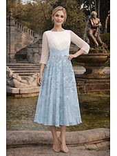 abordables Longitud del té-A-Line Dress Tea Length Wedding Guest Dress Mother of the Bride Dress 3/4 Length Sleeve Boat Neck Elegant Vintage Formal Wedding Guest Kentucky Derby Chiffon with Ruched Sequin Appliques