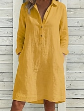 economico Vestito Semplice-Per donna Abito al ginocchio Abiti in cotone e lino Abito Camicia Moda Moderno All'aperto Vacanza Ferie Vestibilità regolare Semplice Manica Lunga Colletto a Camicia Bianco Giallo Blu marino Estate
