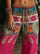 abordables Pantalons Boho-Femmes Jambe large Pantalons Vacances Mode Boho Longueur complète Taille Moyenne Fleuri Graphique Avec Poches Taille Élastique Imprimé Confort Respirabilité Non Elastique Quotidien Extérieur Vacances