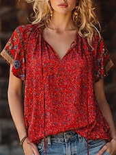 preiswerte Blumenblusen-Damen Bluse Druck Blumen Bohemien Vintage Lässig Kurzarm V Ausschnitt Normale Oberteile Täglich Ferien Ausgehen Blau Rote Braun Aprikose Sommer Frühling