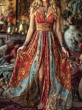 preiswerte Blumenkleider-Damen Maxikleid Sommerkleid A Linie Kleid Unterkleid Urlaub Lässig Boho Outdoor Ausgehen Normale Passform Blumen Ärmellos Spaghettiträger Rote Sommer Frühling