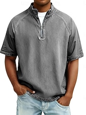  Herren Hemd aus 100 % Baumwolle in Säurewaschung T-Shirt Kurzarm Stehkragen Herbst Winter Frühling Herbst Einfach Vintage Streetwear Lässig Reißverschluss Stückgefärbt Basic Lässig Heim Straße