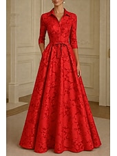 economico Lunghezza del pavimento-Linea ad A Lunghezza al pavimento Abito Camicia Abito Formale Abito da sera Abito da cerimonia per signora Manica Lunga Colletto a Camicia Elegante Vintage Formale Raso Jacquard con Fiocco/Fiocchi