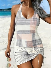 baratos Tankinis-Mulheres Roupa de Banho Tankini 2 partes Saia roupa de banho Com Cordão Nadador Elegante Férias Bloco de cor Geométrico Scoop pescoço Sem Manga Fatos de banho