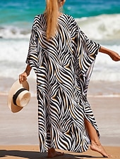 tanie Sukienki w paski i geometryczne-Damskie Sukienka maxi sukienka plażowa Codzienne sukienki Sukienka Boho Cover Up Elegancja Moda Nowoczesny Na zewnątrz Plaża Urlop Luźna Prążki Krótki rękaw W serek Niebieski Czarny Biały Rumiany róż