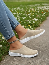 Недорогие Женские кроссовки-Женские дышащие вязаные прогулочные туфли без шнурков – легкие эластичные сетчатые мюли для путешествий, повседневной носки, покупок и прогулок на свежем воздухе.