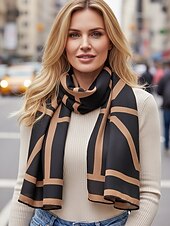 abordables Bufandas de mujer-Elegante bufanda geométrica de poliéster para mujer, elegante chal negro y marrón para desplazamientos y uso diario informal, suave y ligero, ideal para la oficina y viajes, accesorio versátil para todas las estaciones.